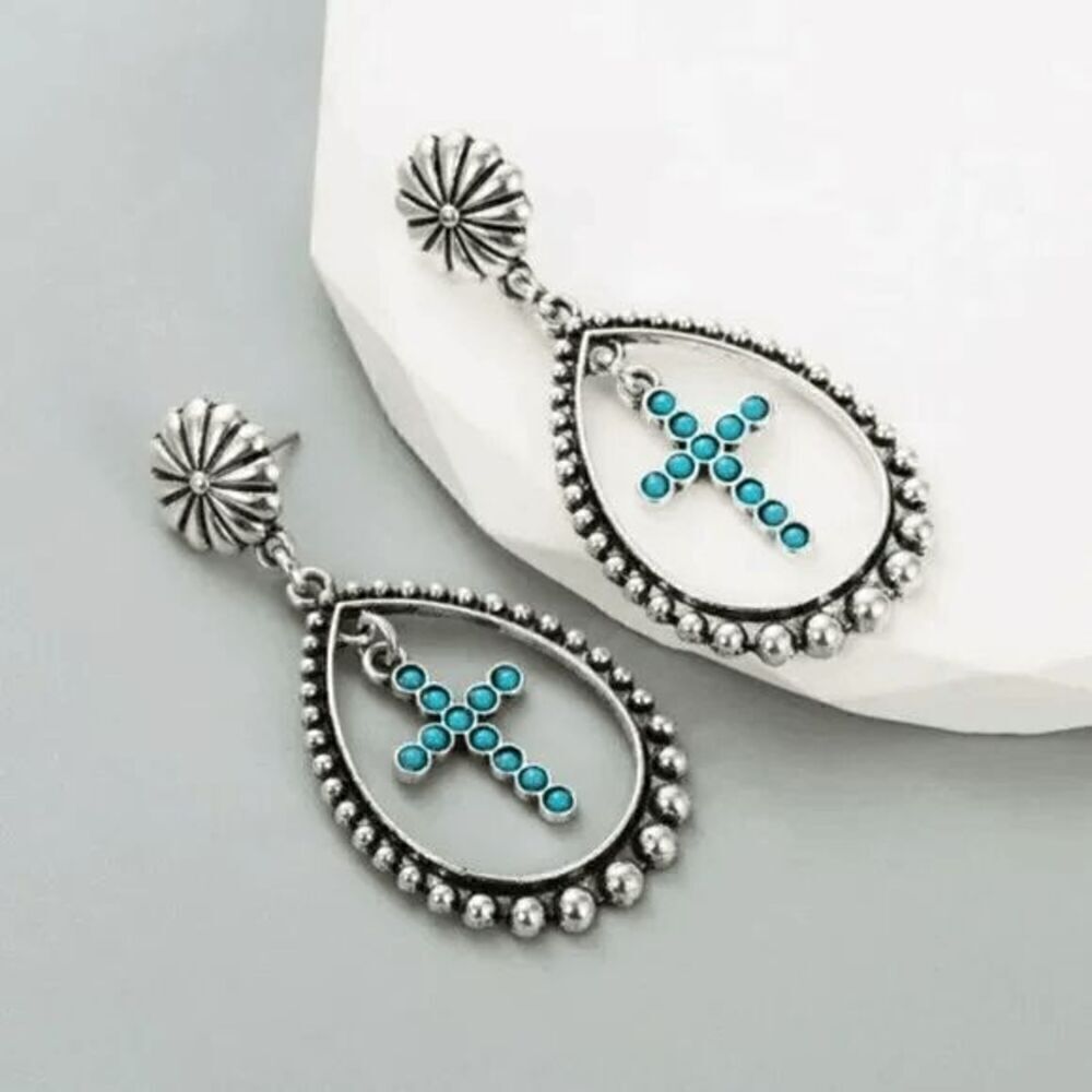Silver Turquoise Western Cross Dangle Earrings